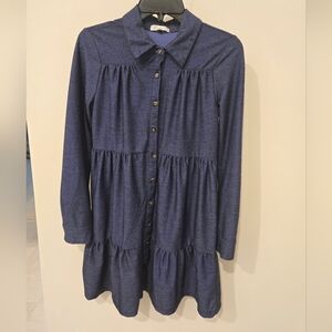 Tiered Navy Blue Button-Up Dress Size Medium Ultra Flirt Brand Long Sleeves